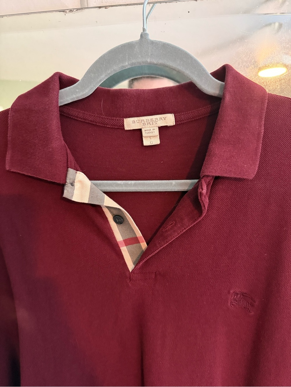 Burberry Men's Burgundy Polo with Signature Check Trim